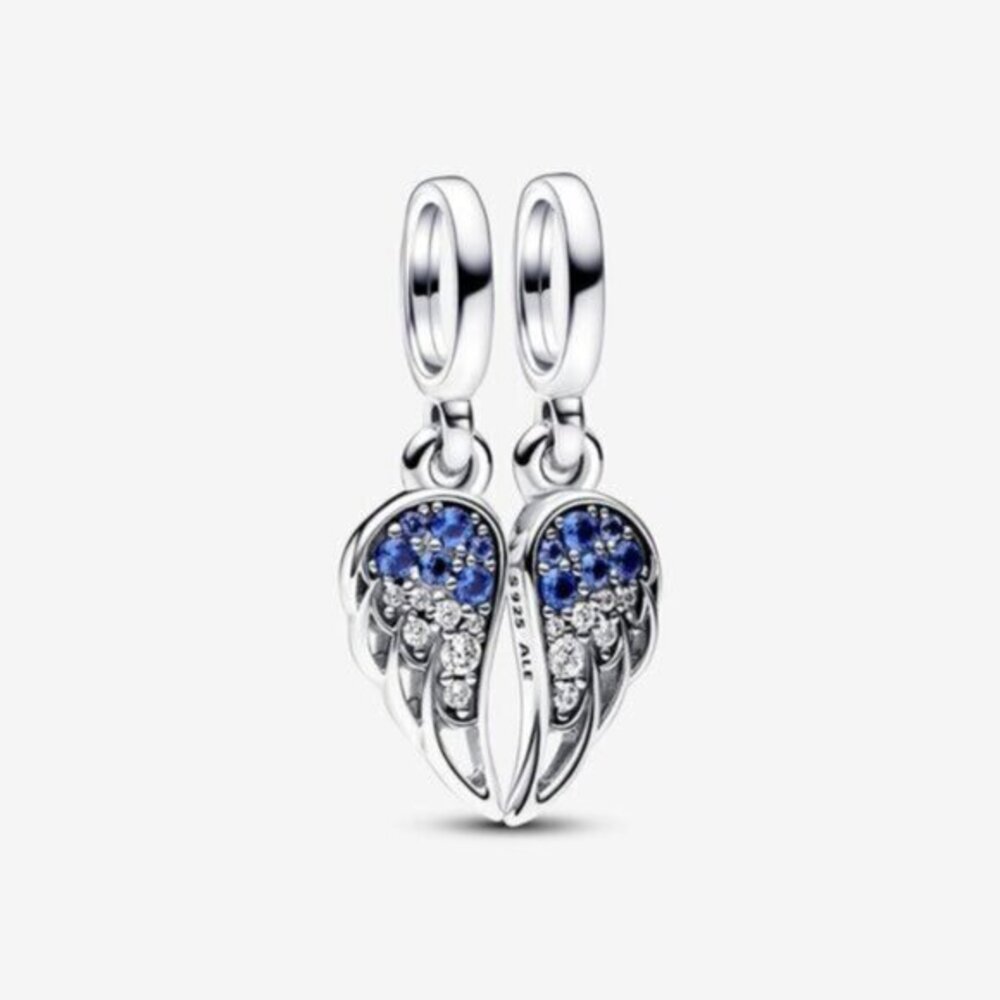 Pandora Silver Angel Wing Drop Charm with Blue and Clear Stones